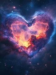 Cosmic Heart Nebula - A vibrant nebula in the shape of a heart, swirling with cosmic colors of orange, blue, and purple against a dark space background.