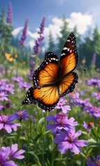 Naklejka premium Colorful butterfly flitting between vibrant purple flowers in a lush meadow , wing movement, floral abundance, colorful butterfly