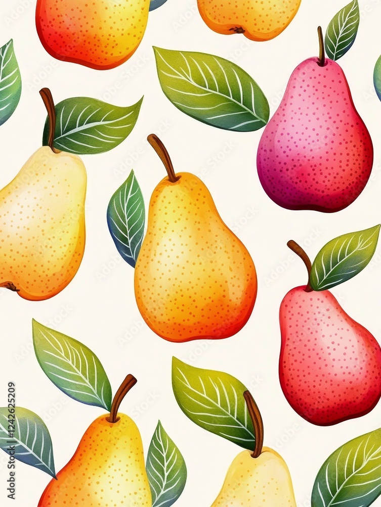 Poster colorful pears and leaves pattern - a vibrant pattern featuring colorful pears and green leaves on a