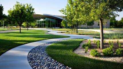 Modern Building Landscape Design Serene Pathway Green Grass Pebbles