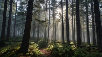 Fototapeta premium Sunbeams Filtering Through a Misty Forest Path