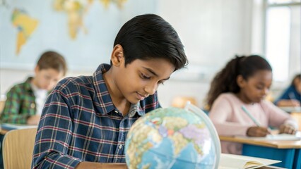 Indian Student in Geography Class – A student studying maps, globes, and geography models in class.