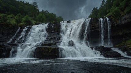 Fototapeta premium Majestic Waterfall Cascading Under a Stormy Sky