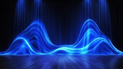 Blue Wave Curtains Spotlight Stage Design - Abstract blue wave design, illuminated stage, spotlight effects, elegant drapery, modern concept. Symbolizing: elegance, dynamism, mystery, technology