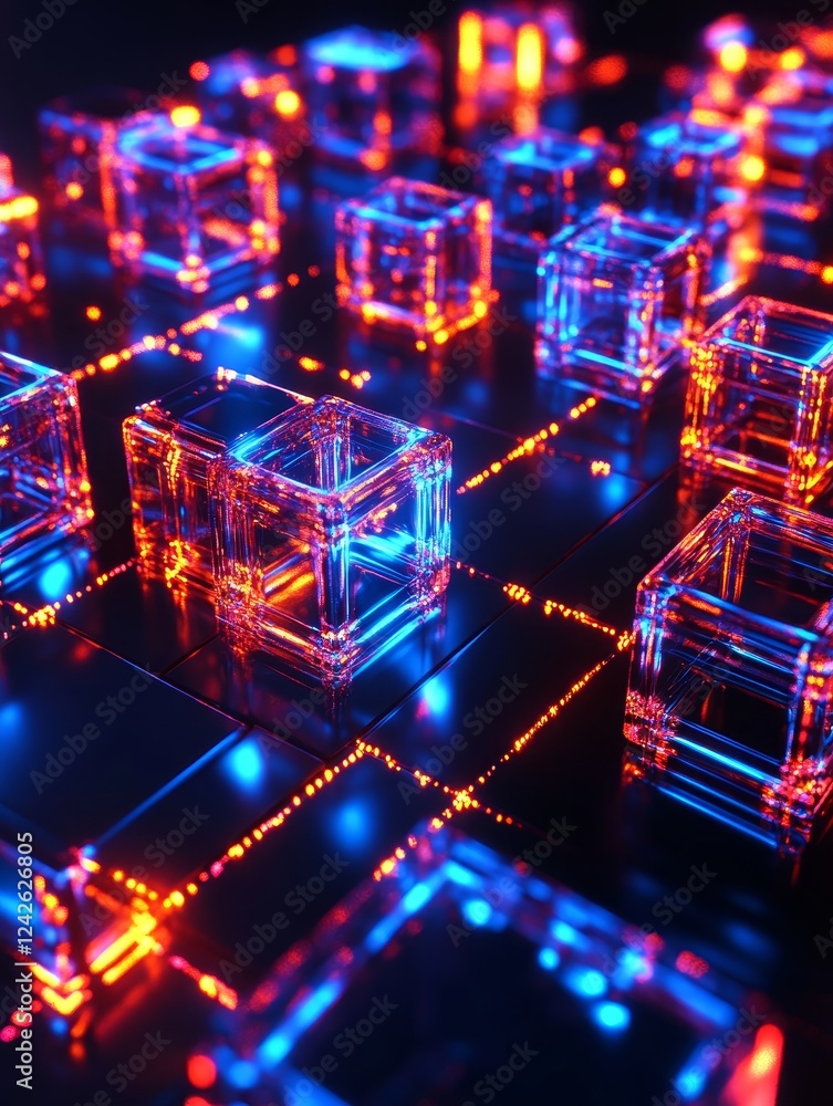 Poster illuminated cube network - abstract digital network, glowing cubes, connectivity, data flow, technol