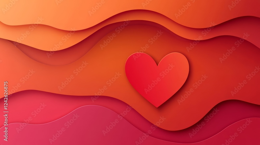 Poster red heart on wavy background - abstract image featuring a red heart on a layered wavy background of 