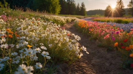 Fototapeta premium Sunlit Meadow of Vibrant Wildflowers at Golden Hour