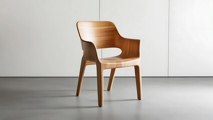 Sleek Minimalist Chair Made from Polished Recycled Wood on Concrete Floor, Clean Sustainable Design with Soft Natural Lighting  
