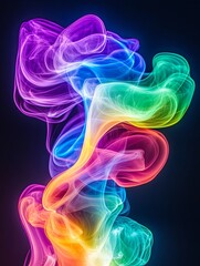 Naklejka premium Rainbow Smoke Swirls - Abstract image of vibrant, colorful smoke swirling in a dynamic pattern against a dark background.