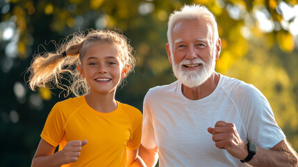 A grandfather and his teenage granddaughter jogging side by side, determination in their eyes