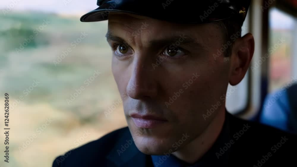 Poster uniformed train driver sitting pensively in locomotive cab, gazing through window while traversing e