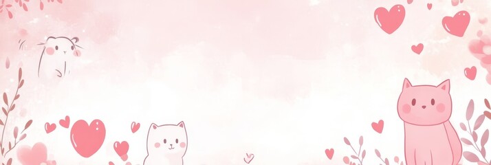 Cute Pink Cats Soft Pastel Background - Adorable cartoon cats, hearts, soft pink tones, floral elements, romantic feeling. Symbolizes love, affection, tenderness, cuteness, and friendship.