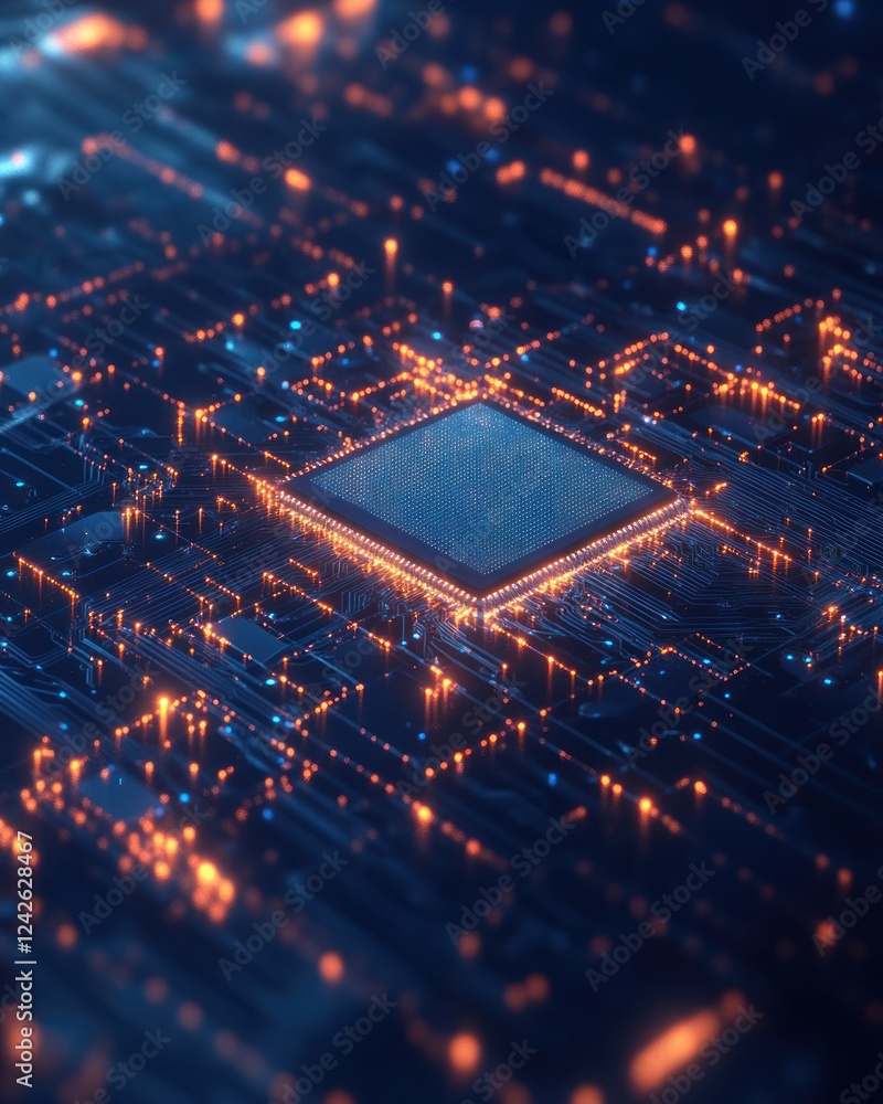 Poster glowing chip on circuit board, for tech, science or computer use. background is blurred lines