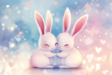 Obraz premium Two Bunnies Embracing Love - Adorable illustration of two white bunnies hugging amidst a pastel heart-shaped bokeh background. Perfect for Valentine's Day or romantic themes.
