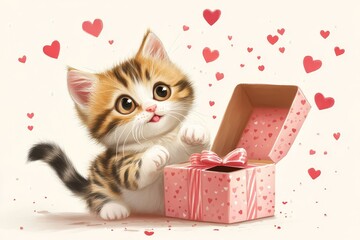 Cute Kitten with Valentine Gift - Adorable kitten playing with a pink gift box, surrounded by hearts. Perfect for Valentine's Day or birthday cards.