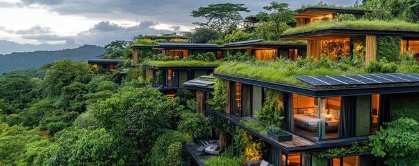 Obraz premium Sustainable hotel featuring green rooftops and solar panels for an eco-friendly stay.