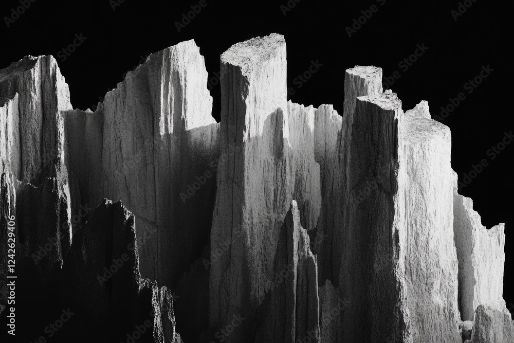 Poster abstract grayscale image depicting a fractured, textured landscape resembling eroded rock formations