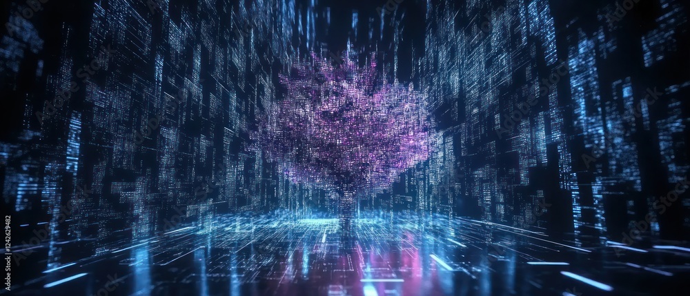 Poster digital tree amidst flowing data streams in a futuristic setting