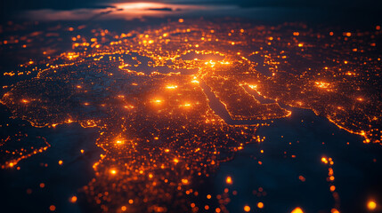 Obraz premium Aerial night view of Middle East region with glowing city lights network, showcasing urban development and connectivity patterns