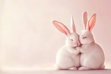 Obraz premium Two Bunnies Embracing - Adorable white bunnies cuddling together against a soft pink background. Perfect for Easter, spring, or love-themed projects.