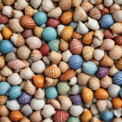 Colorful sea shells arranged neatly in a small pile, color, shells, nature