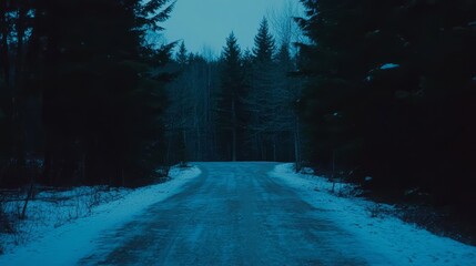 Naklejka premium Snowy Forest Road at Dusk Winter Solitude