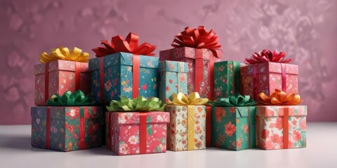 Colorful stack of floral wrapped Christmas gift boxes , greenery, beautifully presented