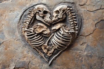Fossilized Animal Skeletons Heart - Ancient love, prehistoric bond, fossil art, stone heart, extinct creatures.