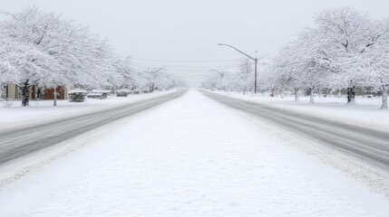 Obraz premium Snowy Suburban Street Scene Winter Landscape Road