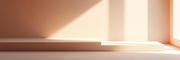Fototapeta premium Minimalist Peach Studio Platform - Clean, simple peach-toned platform, bathed in soft sunlight, ideal for product display or branding. Symbolizes serenity, elegance, simplicity, warmth
