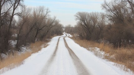 Obraz premium Snowy Winter Road Winding Through Bare Trees