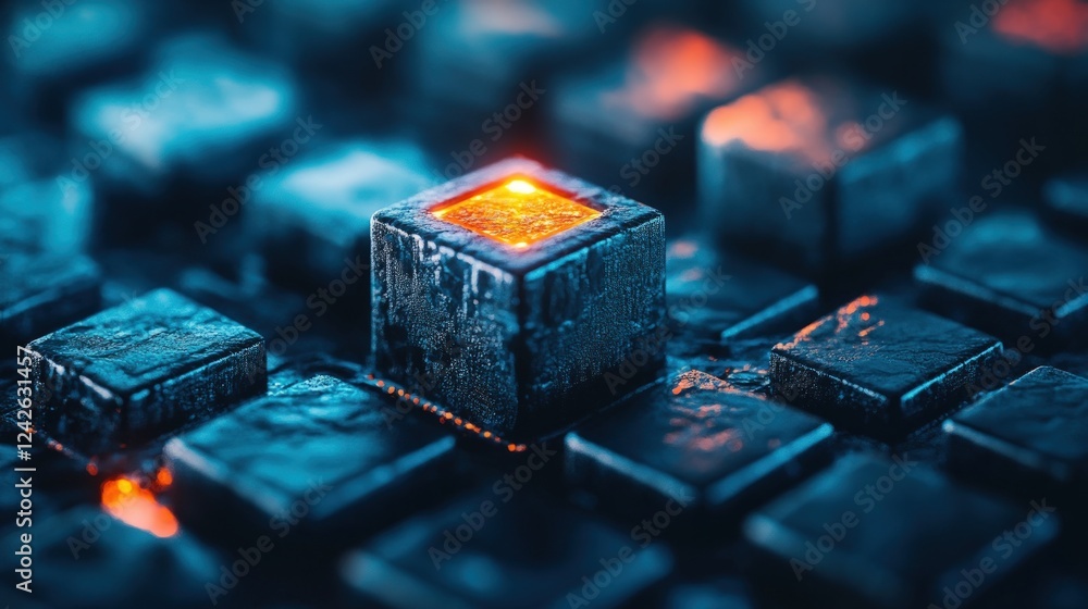 Poster glowing cube in a matrix of dark cubes