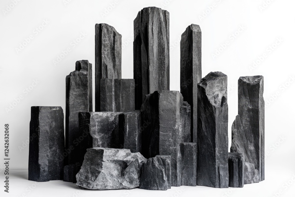 Poster abstract grayscale image of various sized black stone blocks arranged like a city skyline.