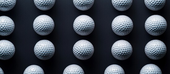 Close-up view of neatly arranged golf balls on a dark surface, showcasing their texture and pattern