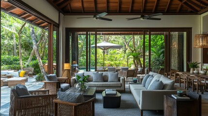 Fototapeta premium Chic and contemporary villa lounge area with modern furniture, stylish decorations, and an inviting atmosphere.