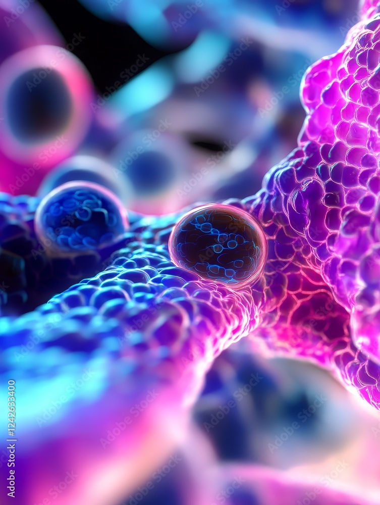 Poster microscopic cellular structures - close-up view of vibrant, colorful cells, showcasing intricate det