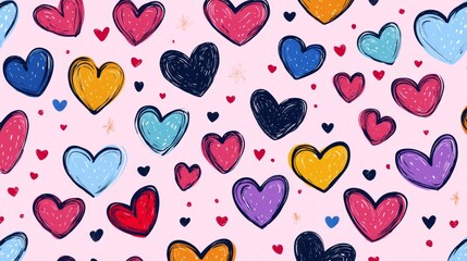 Valentine Hearts Pattern Design - Colorful hand-drawn hearts, perfect for Valentine's Day, romantic designs, and cheerful backgrounds. Symbolizing love, affection, joy, celebration, and romance.