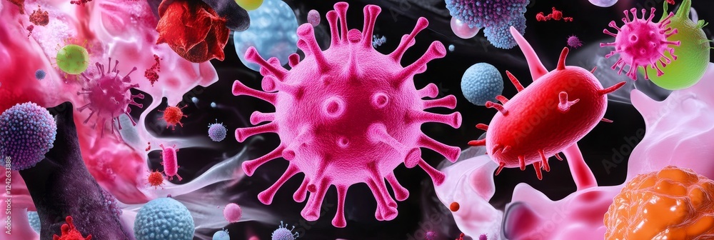 Poster microscopic world of viruses and bacteria - colorful microscopic image showcasing various viruses an