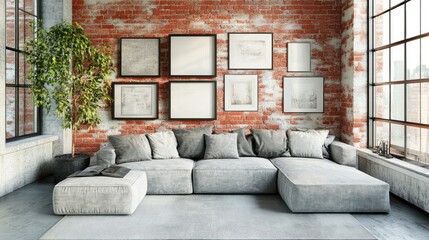 Chic urban loft living room with an industrial-style picture frame arrangement on a brick wall.