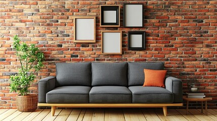 Chic urban loft living room with an industrial-style picture frame arrangement on a brick wall.