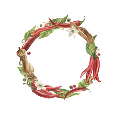 Round frame, wreath with spices, red chili pepper, pepper shaker, wooden scoop, leaves and flowers. Watercolor illustration is hand drawn in botanical style in red brown green shades. For cafe design