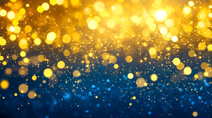Abstract dark blue and gold particle background with Christmas golden light bokeh, shining particles on navy blue, gold foil texture, festive holiday concept