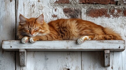A sleepy orange cat resting on a wooden shelf against a rustic brick wall.