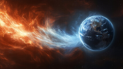 Planet Earth surrounded by contrasting fire and ice elements in space depicting global climate change concept