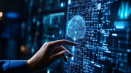 An AI-driven businessman utilizes artificial intelligence technology for data analysis and coding, with a virtual screen showcasing machine learning and business intelligence concepts.