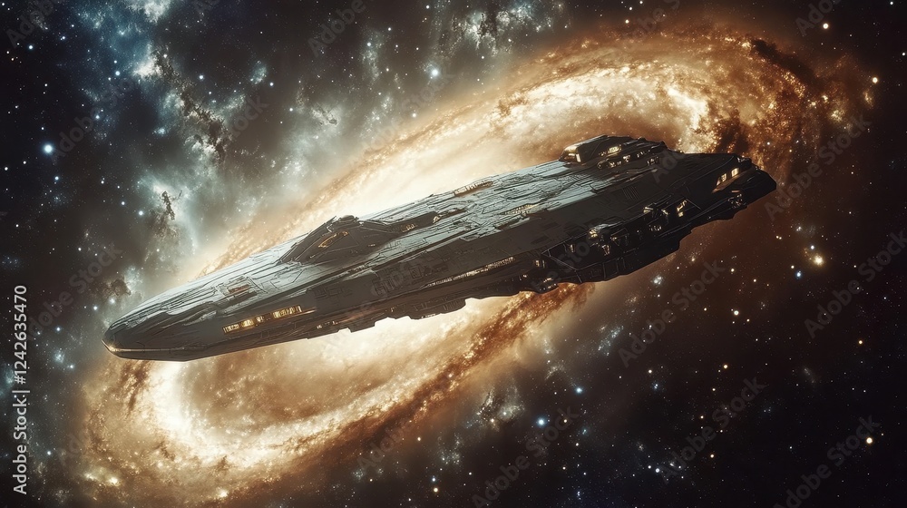 Poster spaceship navigating a cosmic nebula in deep space