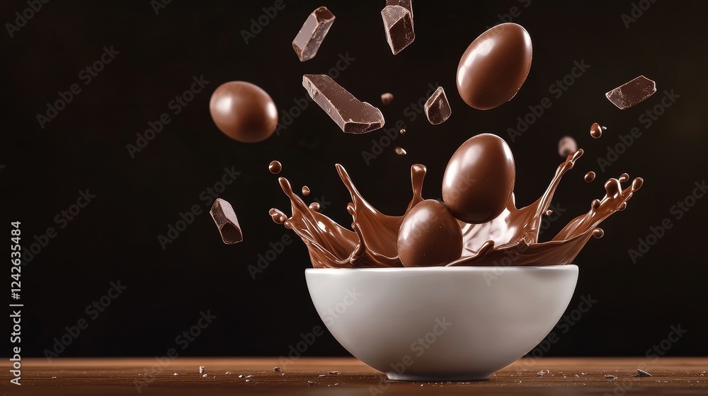 Poster chocolate eggs splashing in bowl - delicious chocolate eggs splashing into a bowl of melted chocolat