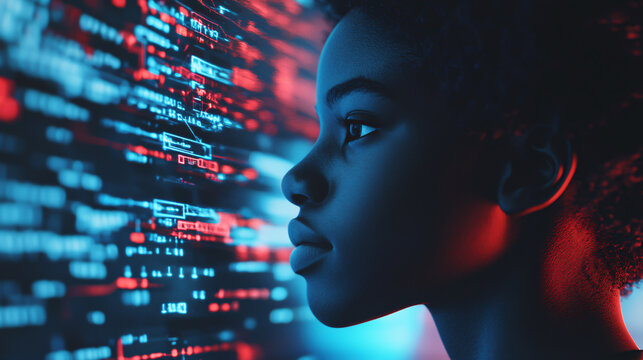 An AI cybersecurity threat concept banner illustrates an African American student coding in augmented reality, showcasing artificial intelligence in education with side profile space available.