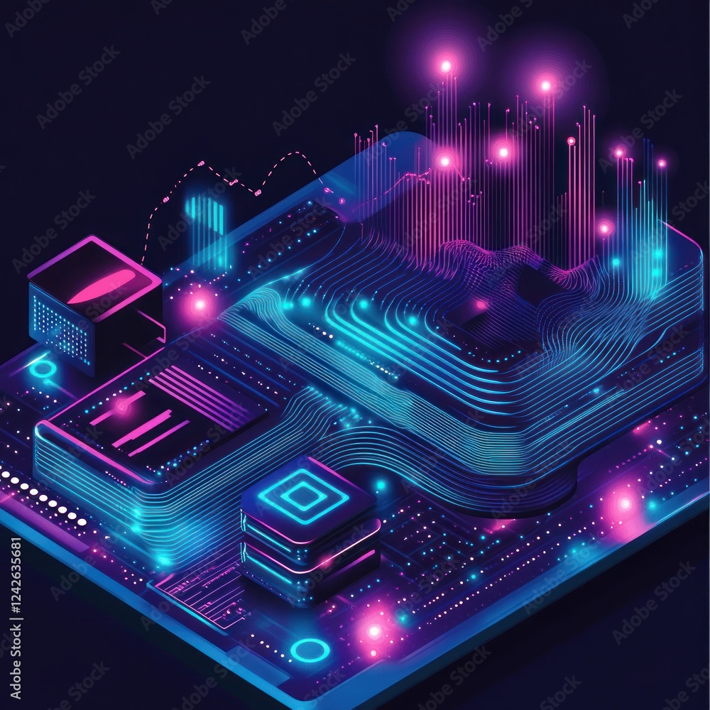Poster futuristic tech board with glowing connections in a dark setting, could be for web design