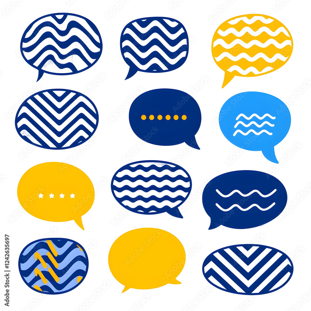Poster colorful speech bubbles with unique patterns for communication design